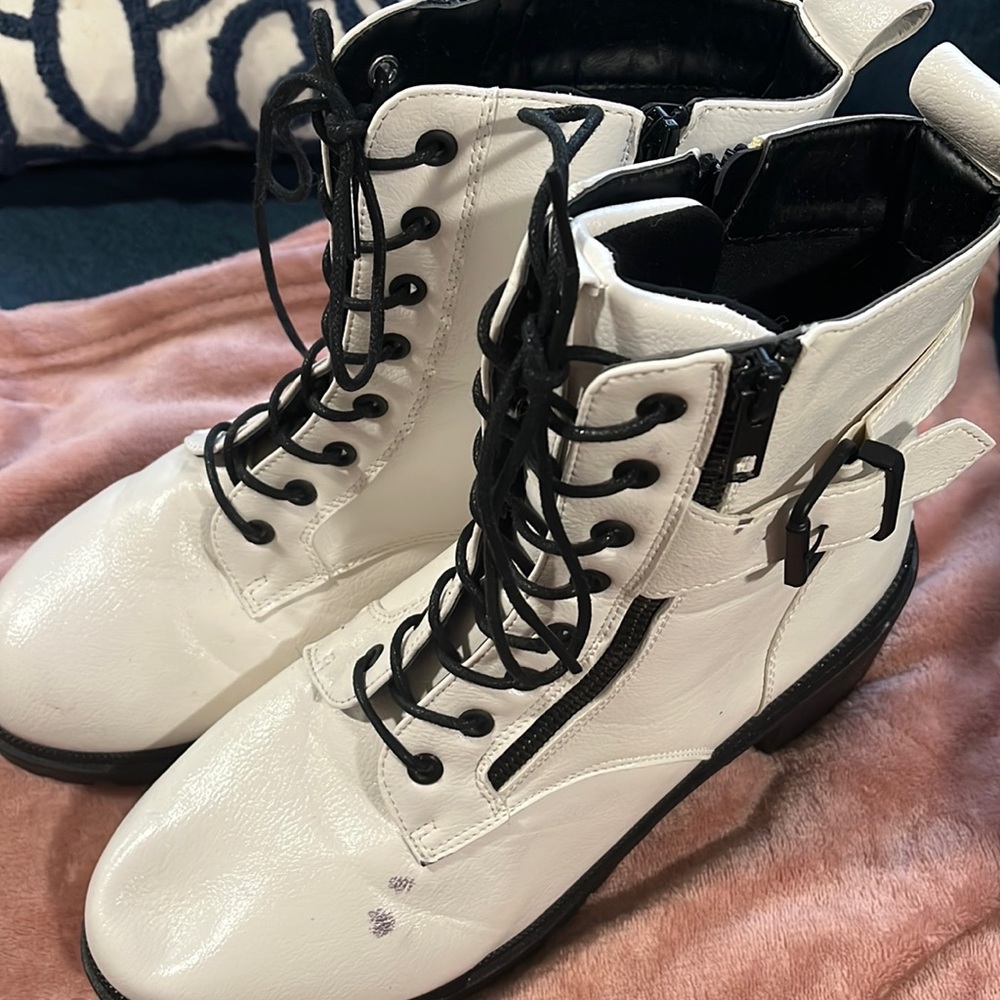 white combat boots with black detailing!